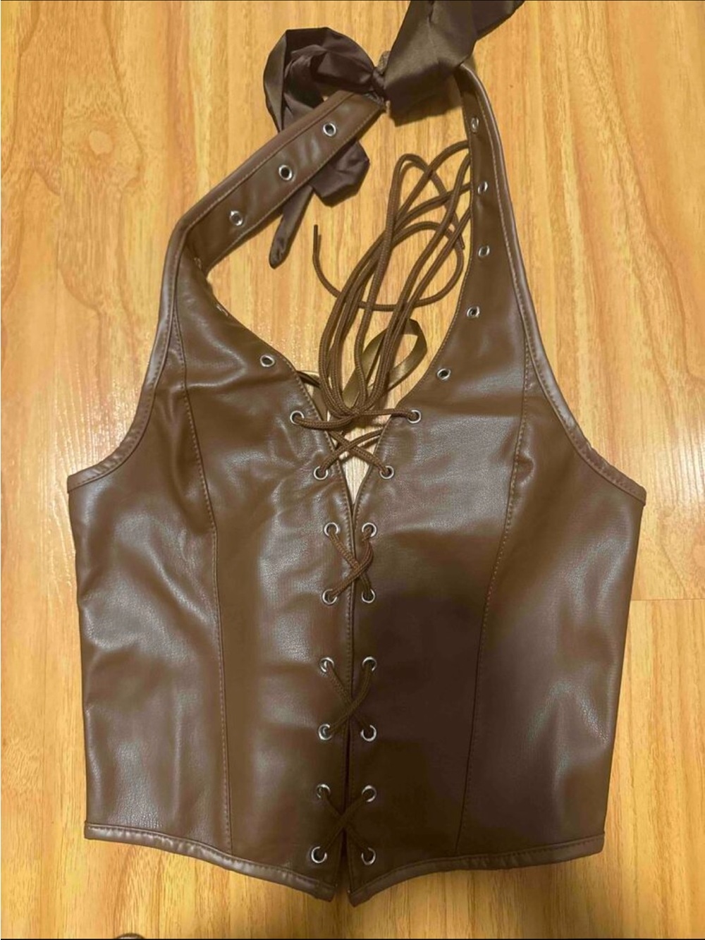 Brown Faux Leather Lace-Up Halter Corset Top
